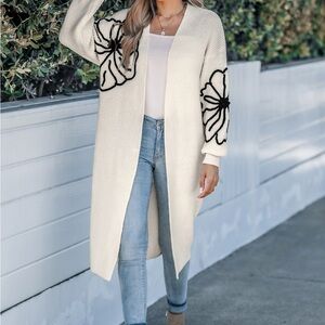 Cupshe Cream Cardigan with Black Floral Accents